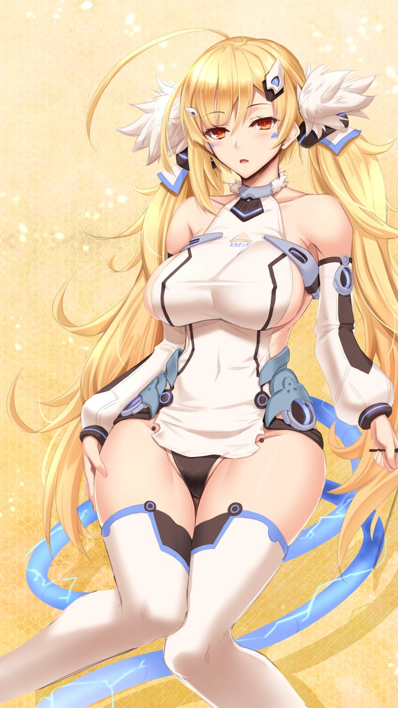 1girl ahoge azur_lane bangs bare_shoulders black_panties blonde_hair blush breasts detached_sleeves dress eldridge_(azur_lane) eyebrows_visible_through_hair facial_mark groin hair_ornament hairclip highres large_breasts long_hair long_sleeves looking_at_viewer older open_mouth panties red_eyes shuugetsu_karasu sleeveless sleeveless_dress solo taut_clothes taut_dress thigh-highs twintails underwear very_long_hair white_legwear