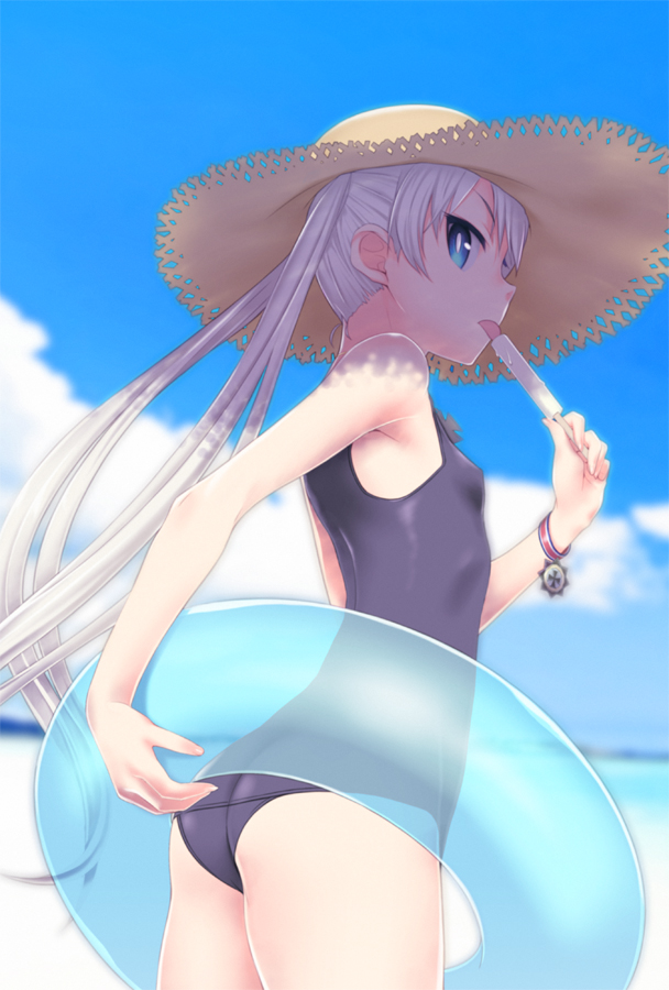 1girl beach black_school_swimsuit blue_eyes blue_sky blurry blurry_background breasts clouds covered_nipples cowboy_shot day floating_hair food holding holding_food ice_cream innertube long_hair ocean original outdoors popsicle profile school_swimsuit silver_hair sky small_breasts solo soshina_nohito standing swimsuit tongue tongue_out transparent very_long_hair