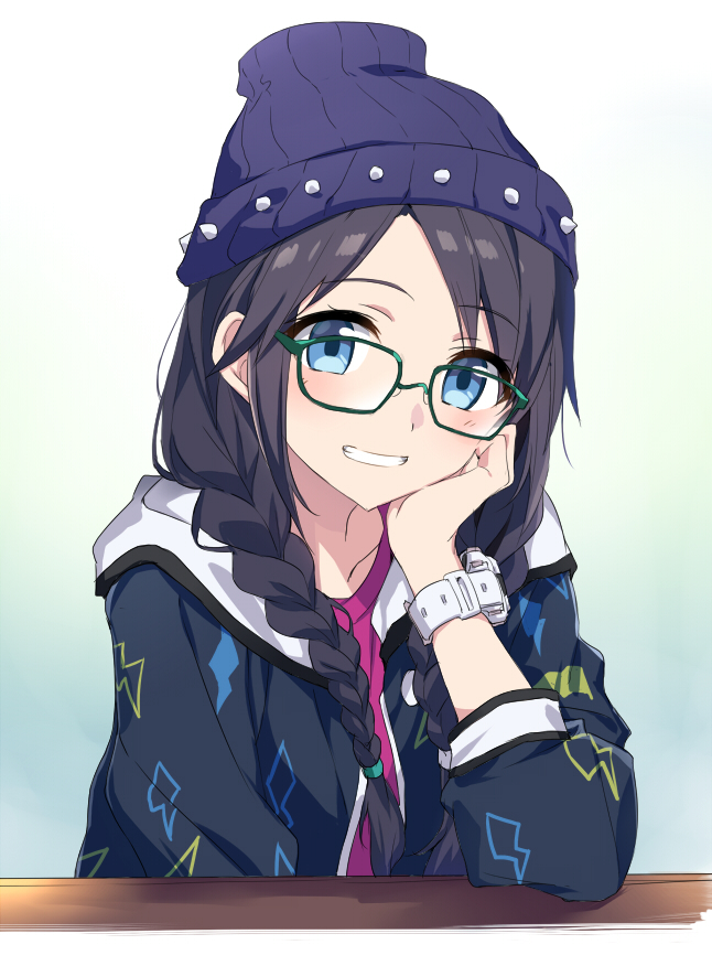 1girl arm_support beanie black_hair black_jacket blue_eyes blue_headwear blush_stickers braid glasses green-framed_eyewear grin hair_over_shoulder hat head_in_hand idolmaster idolmaster_shiny_colors jacket long_hair long_sleeves low_twintails mitsumine_yuika open_clothes open_jacket pink_shirt shirt smile solo spikes tsuedzu twin_braids twintails upper_body watch watch
