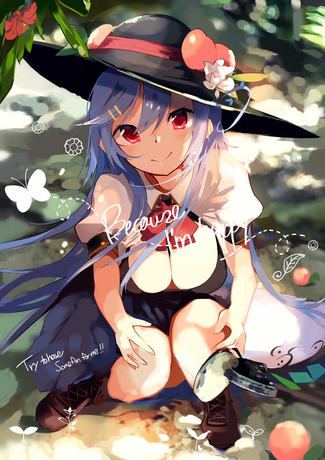 1girl bangs black_bra black_footwear black_headwear blue_hair blue_skirt blurry blurry_background blush boots bow bowtie bra breasts bug butterfly commentary_request english_text flower food fruit hair_between_eyes hair_ornament hairclip hat hat_flower highres hinanawi_tenshi insect long_hair looking_at_viewer medium_breasts peach puffy_short_sleeves puffy_sleeves red_bow red_eyes red_neckwear shirt short_sleeves sidelocks sitting skirt smile solo tetsurou_(fe+) touhou underwear very_long_hair white_flower white_shirt