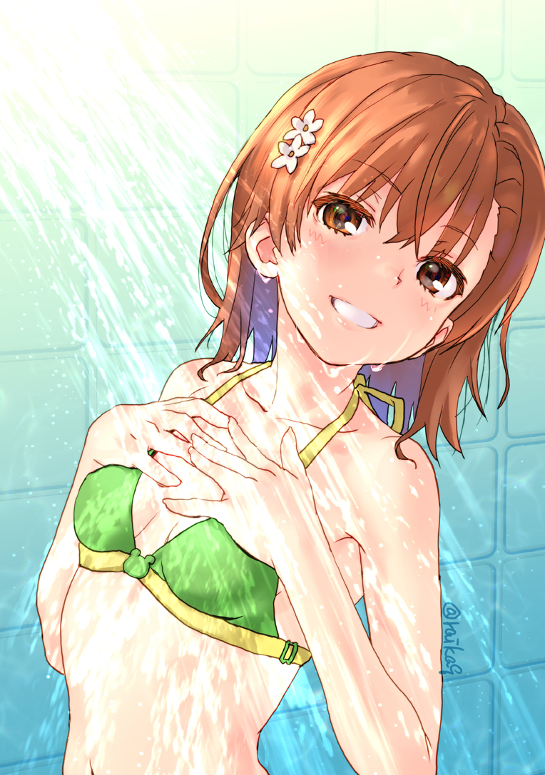 1girl bangs bare_arms bare_shoulders bikini blush breasts brown_eyes brown_hair collarbone commentary_request eyebrows_visible_through_hair flower green_bikini grin hair_between_eyes hair_flower hair_ornament halter_top halterneck hands_on_own_chest hands_up misaka_mikoto navel raika9 showering small_breasts smile solo swimsuit tile_wall tiles to_aru_kagaku_no_railgun to_aru_majutsu_no_index twitter_username upper_body white_flower