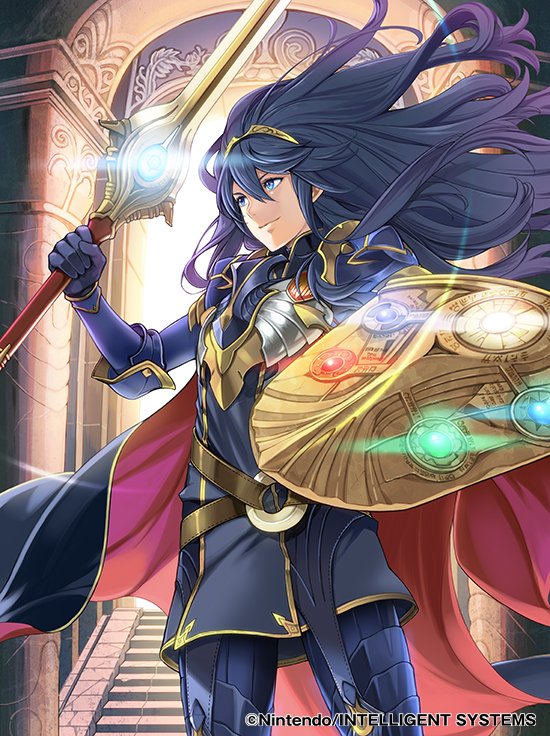 1girl bangs blue_eyes blue_hair boots breastplate cape closed_mouth commentary_request company_name copyright_name dress elbow_pads falchion_(fire_emblem) fire_emblem fire_emblem:_kakusei fire_emblem_cipher fire_emblem_heroes gloves holding holding_sword holding_weapon intelligent_systems long_hair looking_away lucina nintendo official_art shield shiny shiny_hair short_dress shoulder_armor shoulder_pads solo super_smash_bros. sword thigh-highs thigh_boots tiara toyo_sao weapon