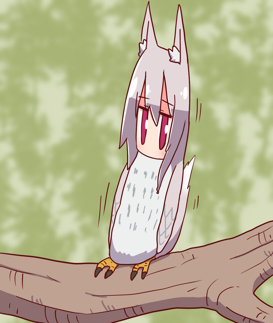 1girl animal_ear_fluff animal_ears animal_request animalization bangs bird blurry blurry_background blush commentary_request depth_of_field eyebrows_visible_through_hair fox_ears fox_girl fox_tail grey_hair hair_between_eyes highres in_tree kemomimi-chan_(naga_u) long_hair looking_at_viewer naga_u original red_eyes sidelocks solo tail tree