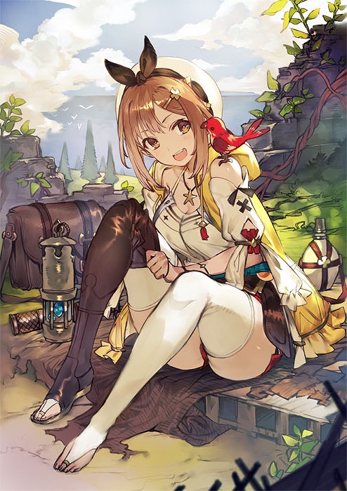 animal animal_on_shoulder atelier_(series) atelier_ryza belt bird blanket blue_belt boots bridal_legwear brown_belt day hair_ornament hairclip hat jewelry lamp necklace official_art open_mouth outdoors red_shorts reisalin_stout round-bottom_flask short_shorts shorts single_thighhigh sitting star star_necklace thigh-highs toeless_boots toridamono vial