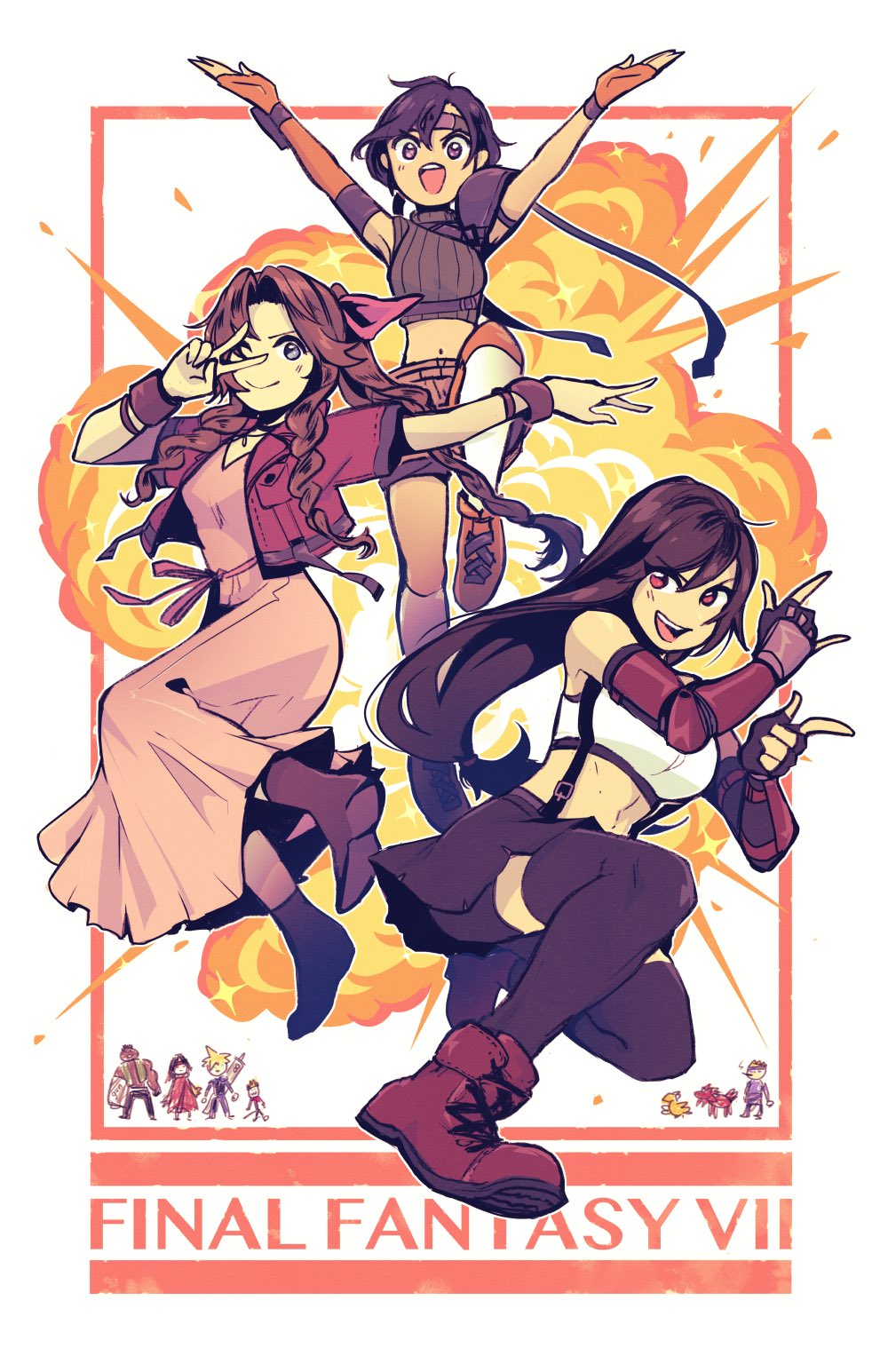 3girls \m/ aerith_gainsborough arm_guards barret_wallace bike_shorts black_hair black_skirt brown_hair cait_sith cheppo child_drawing chocobo cid_highwind cloud_strife copyright_name cropped_jacket dress elbow_gloves explosion final_fantasy final_fantasy_vii final_fantasy_vii_remake gloves highres long_hair looking_at_viewer low-tied_long_hair multiple_girls outstretched_arm pink_dress pose red_xiii short_shorts shorts shorts_under_skirt skirt smile thigh-highs tifa_lockhart v v_over_eye vincent_valentine yuffie_kisaragi
