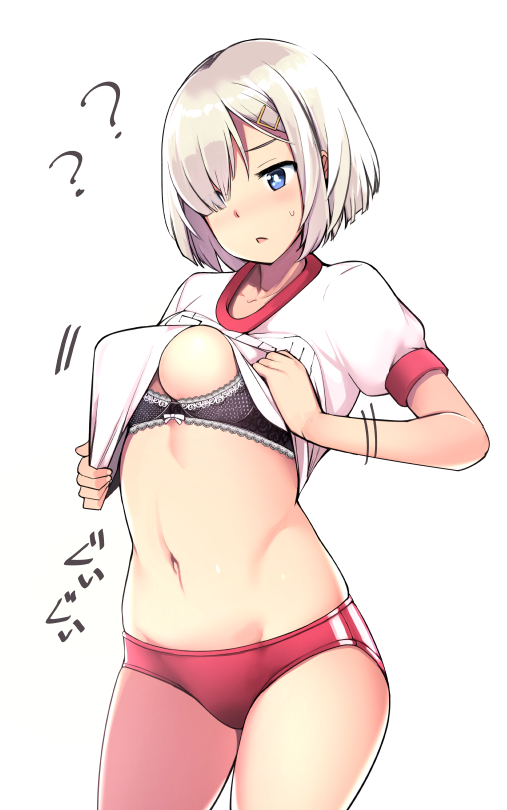 1girl ? bangs blue_eyes blush bra breasts buruma collarbone commentary_request cowboy_shot eyebrows_visible_through_hair groin gym_shirt gym_uniform hair_between_eyes hair_ornament hair_over_one_eye hairclip hamakaze_(kantai_collection) ippongui kantai_collection lace lace-trimmed_bra large_breasts name_tag navel open_mouth red_buruma school_uniform shirt short_hair short_sleeves shorts silver_hair simple_background skindentation solo standing sweatdrop underwear white_background white_shirt