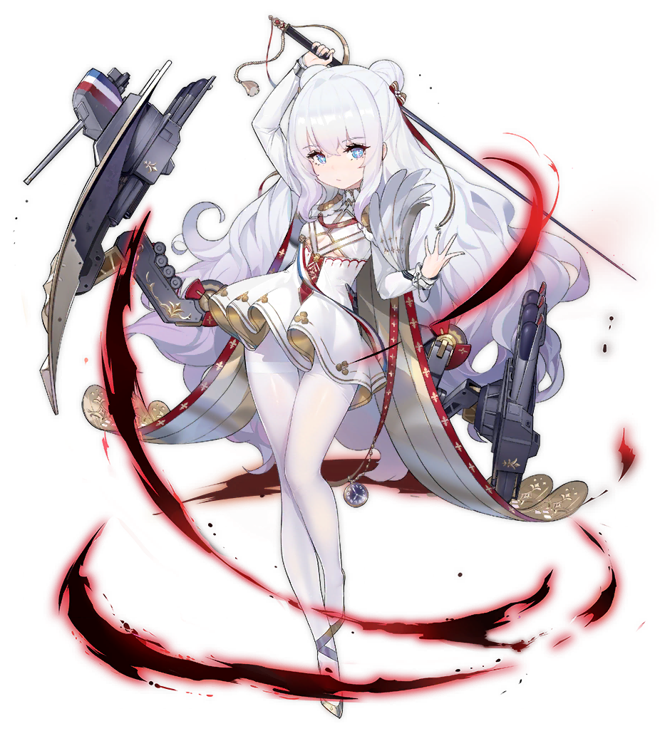 +_+ 1girl analog_clock arm_up azur_lane bangs blue_eyes bow breasts cape clock crossed_bangs double_bun dress expressionless eyebrows_visible_through_hair full_body hair_between_eyes hair_bow hand_up holding holding_sword holding_weapon kinven le_malin_(azur_lane) long_hair long_sleeves official_art pantyhose rapier rigging shoes sidelocks small_breasts solo sword transparent_background underboob_cutout very_long_hair wavy_hair weapon white_dress white_hair white_legwear