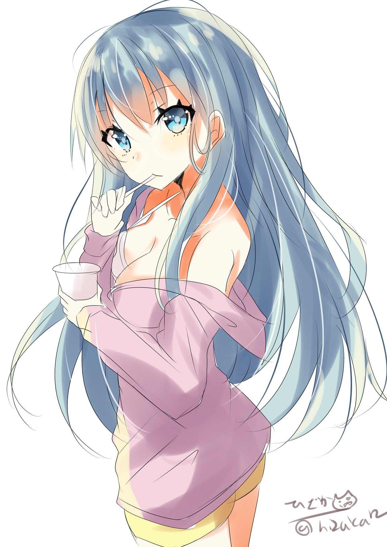 1girl alternate_costume blue_eyes blue_hair blush bra breasts closed_mouth highres hizaka hood hoodie kantai_collection large_breasts long_hair looking_at_viewer short_shorts shorts simple_background solo suzuya_(kantai_collection) twitter_username underwear white_background white_bra
