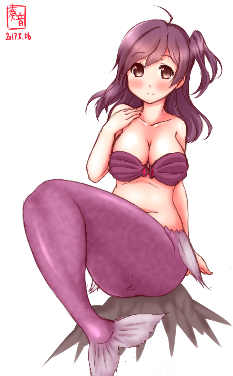 ahoge collarbone fins hagikaze_(kantai_collection) highres kanon_(kurogane_knights) kantai_collection mermaid monster_girl monsterification name_tag purple_hair shell shell_bikini sitting