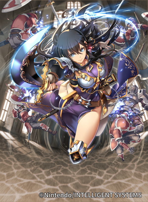 1girl aira_(fire_emblem) armor bangs belt black_hair breastplate company_name copyright_name dress fingerless_gloves fire_emblem fire_emblem:_seisen_no_keifu fire_emblem_cipher gloves holding holding_sword holding_weapon i-la long_hair purple_dress shiny shiny_hair shoulder_armor sword violet_eyes weapon