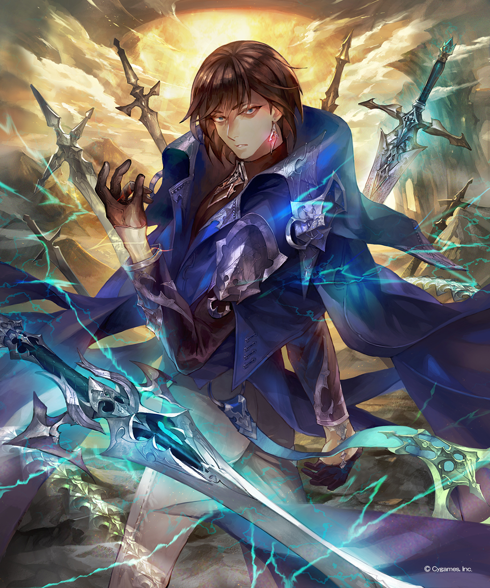 1boy aloma armor blue_cape blue_eyes brown_hair cape clouds day earrings gloves highres jewelry long_sleeves looking_back magic official_art outdoors pants shadowverse solo standing sword twisted_torso watermark weapon