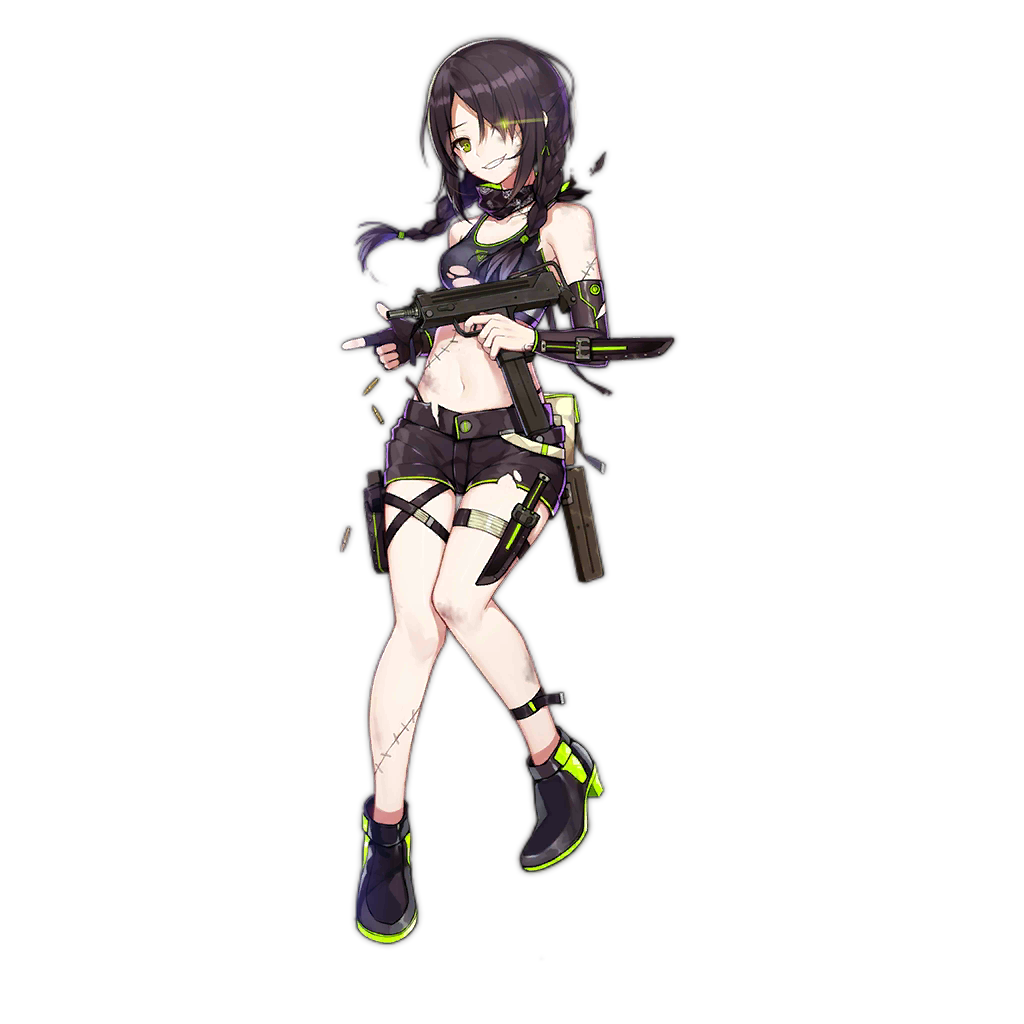 1girl ankle_boots arm_sheath bandana belt_pouch black_gloves black_hair boots braid bullet crop_top elbow_gloves finger_gun finger_on_trigger girls_frontline gloves glowing glowing_eye green_eyes green_trim grin gun hair_over_one_eye highleg highleg_panties knife_holster long_hair mac-10 mac-10_(girls_frontline) magazine_(weapon) official_art panties pouch sa_(h28085) sheath short_shorts short_twintails shorts smile smudge solo stitches submachine_gun thigh_strap torn_clothes transparent_background twin_braids twintails underwear weapon