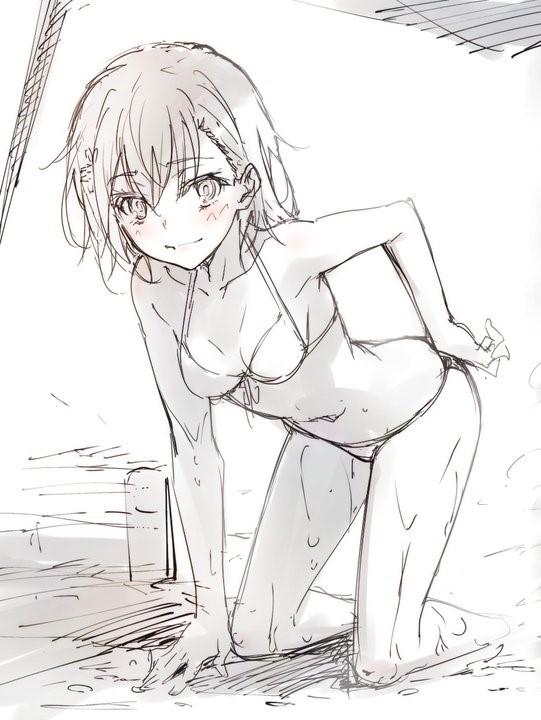 1girl bending bikini breasts commentary_request eyebrows_visible_through_hair looking_at_viewer misaka_mikoto monochrome navel puma_(hyuma1219) short_hair sketch small_breasts solo swimsuit to_aru_kagaku_no_railgun to_aru_majutsu_no_index wet