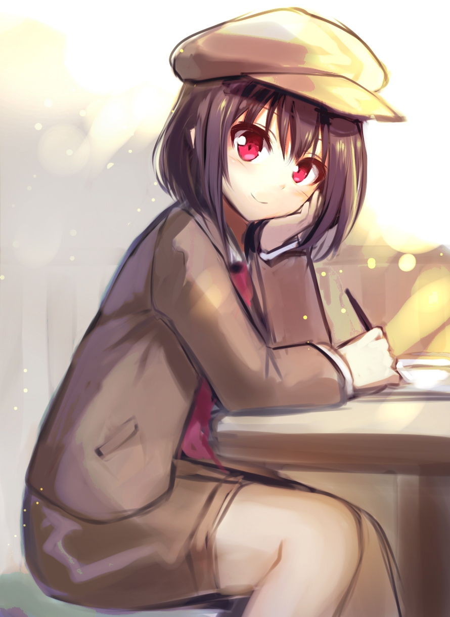 1girl bangs black_hair brown_coat brown_headwear brown_skirt cabbie_hat chin_rest coat commentary_request eyebrows_visible_through_hair feet_out_of_frame forbidden_scrollery fuupu hand_up hat head_tilt highres holding holding_pen long_sleeves looking_at_viewer miniskirt necktie paper pen red_eyes red_neckwear revision shameimaru_aya short_hair sitting sketch skirt smile solo table touhou