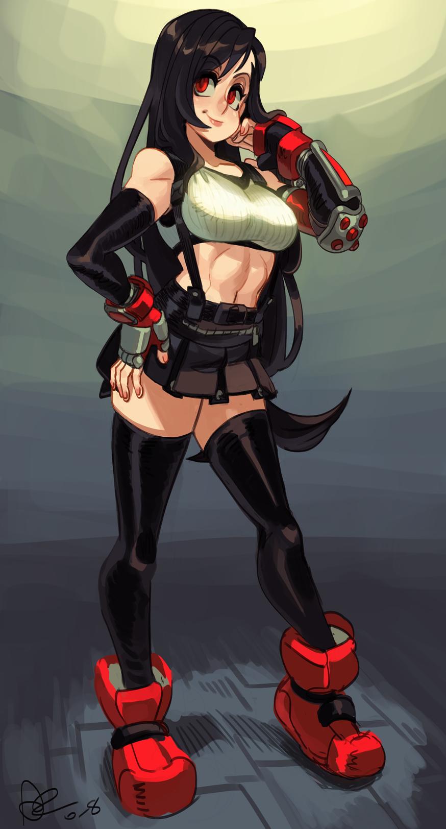 1girl alex_ahad ankle_boots black_hair black_skirt boots breasts commentary crop_top elbow_gloves elbow_pads english_commentary eyebrows_visible_through_hair final_fantasy final_fantasy_vii final_fantasy_vii_remake fingerless_gloves full_body gloves hair_flip hand_on_hip highres long_hair looking_at_viewer low-tied_long_hair medium_breasts padded_gloves red_eyes red_footwear red_gloves skirt solo sports_bra suspender_skirt suspenders thigh-highs tifa_lockhart toned zettai_ryouiki