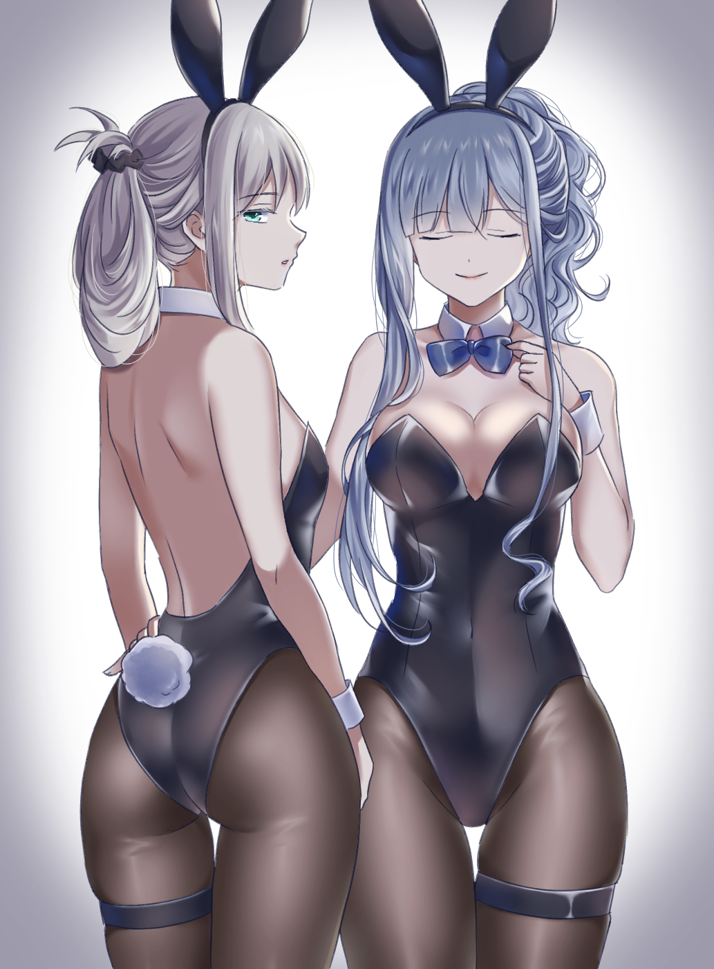 2girls ak-12_(girls_frontline) an-94_(girls_frontline) animal_ears ass bangs black_legwear black_leotard blue_eyes breasts bunny_tail bunnysuit closed_eyes closed_mouth cowboy_shot detached_collar eyebrows_visible_through_hair fake_animal_ears fake_tail folded_ponytail girls_frontline gradient gradient_background hairband highres lemode leotard long_hair looking_at_viewer medium_breasts multiple_girls pantyhose parted_lips rabbit_ears ribbon sidelocks silver_hair simple_background smile tail thigh_strap very_long_hair wavy_hair