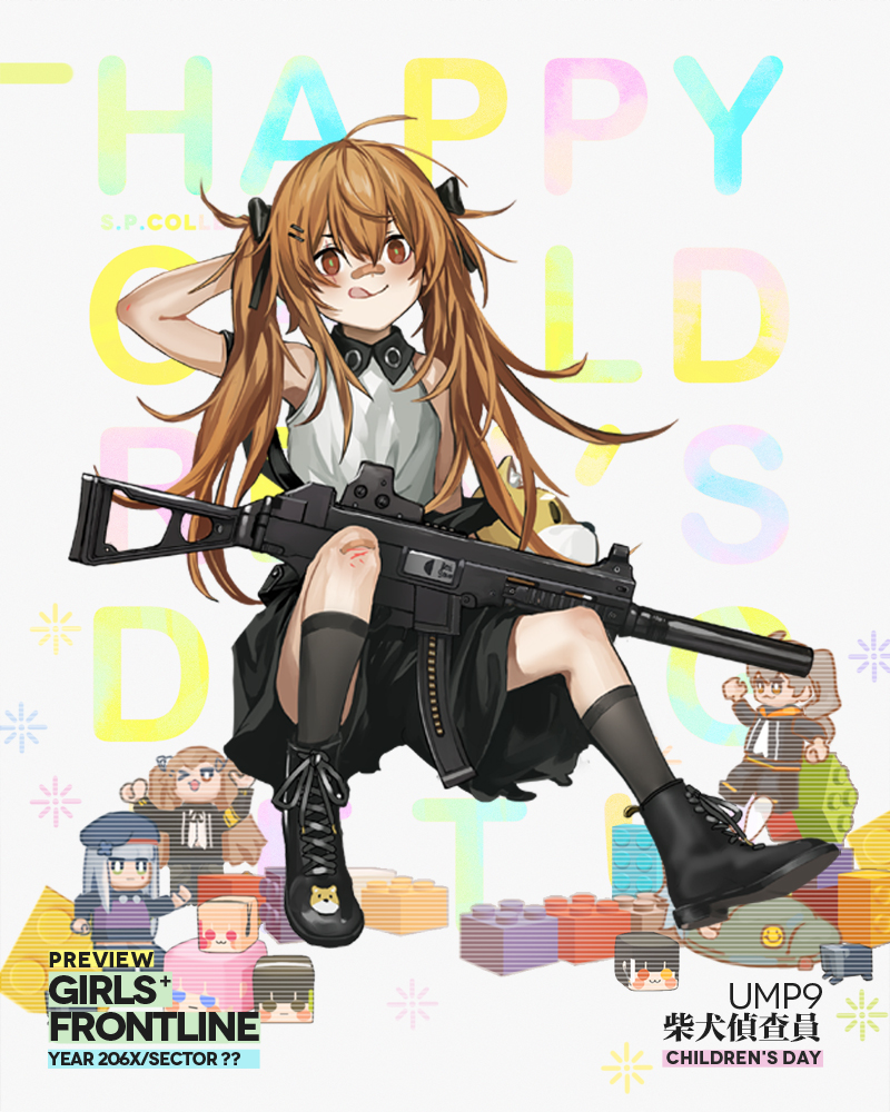 1girl :d :q alternate_costume bag bandaid bandaid_on_knee bandaid_on_nose bangs black_bow black_footwear black_shorts blush boots bow brown_eyes brown_hair character_name collared_shirt full_body girls_frontline grey_legwear hai_bow hair_between_eyes hair_ornament hand_behind_head infukun injury kneehighs long_hair looking_at_viewer official_art open_mouth pouch scar scar_across_eye shirt shorts shoulder_bag sitting sleeveless sleeveless_shirt smile solo suspender_shorts suspenders tongue tongue_out torn_clothes twintails ump9_(girls_frontline) white_shirt younger