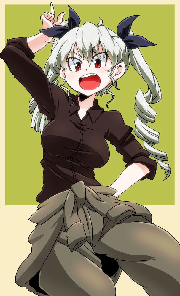 1girl anchovy aono3 bangs black_shirt clothes_around_waist drill_hair fang girls_und_panzer green_background green_hair hair_ribbon hand_on_hip hand_up long_hair open_mouth red_eyes ribbon shirt simple_background sleeves_rolled_up smile solo sweater_around_waist teeth tongue twin_drills twintails