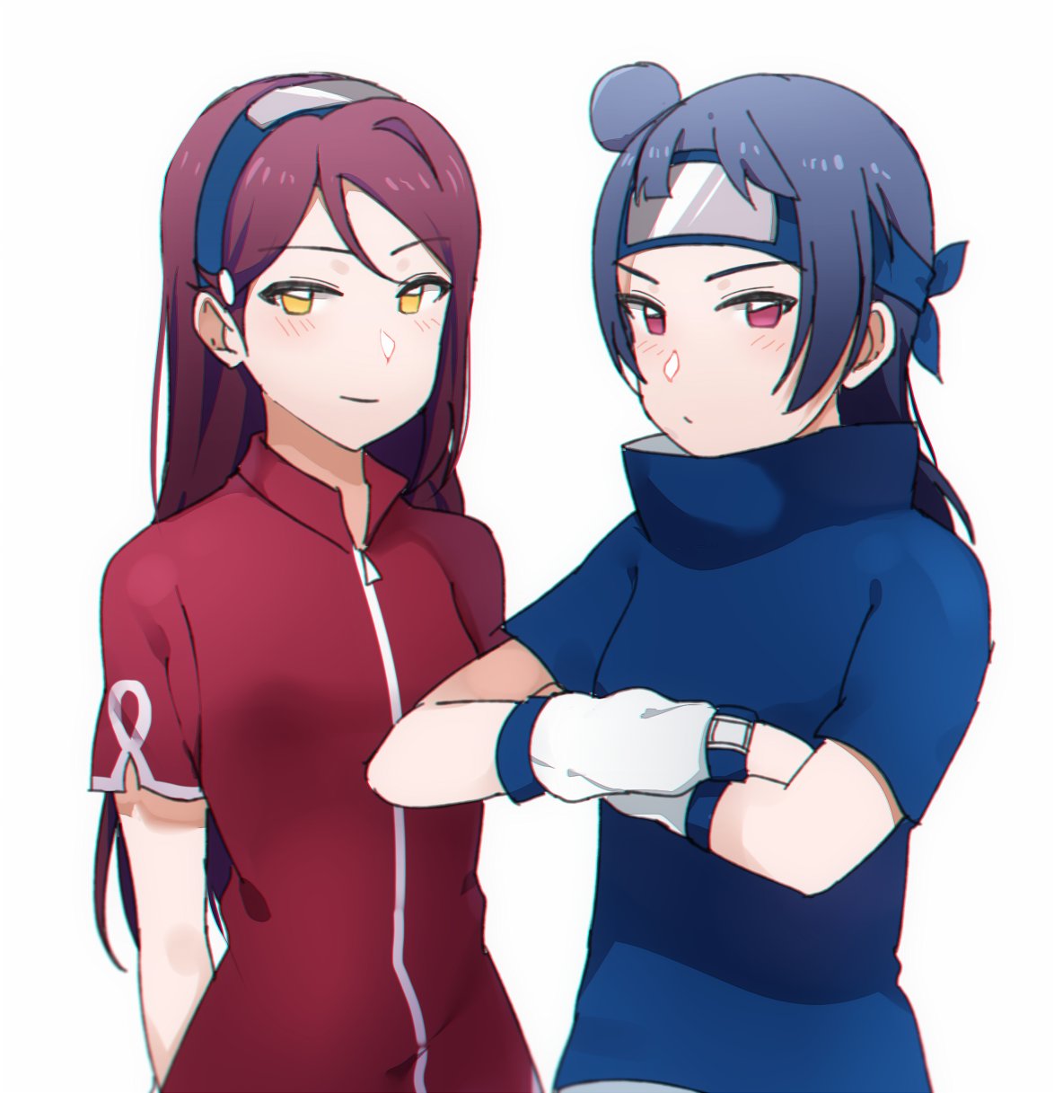 2girls ascii_media_works blue_hair bushiroad cosplay forehead_protector haruno_sakura haruno_sakura_(cosplay) highres long_hair love_live! love_live!_sunshine!! multiple_girls naruto_(series) redhead sakurauchi_riko sellel shounen_jump side_bun studio_pirerot sunrise_(studio) tokyo_mx tsushima_yoshiko tv_tokyo uchiha_sasuke uchiha_sasuke_(cosplay) upper_body