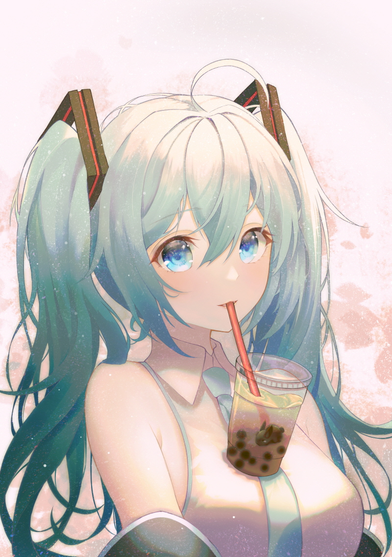 1girl ahoge bangs bare_shoulders black_sleeves blue_eyes blush breasts bubble_tea bubble_tea_challenge collared_shirt commentary cup detached_sleeves disposable_cup drinking_straw eyebrows_visible_through_hair green_hair green_neckwear hair_between_eyes hair_ornament hatsune_miku long_hair looking_at_viewer medium_breasts necktie object_on_breast parted_lips shirt sidelocks sleeveless sleeveless_shirt solo twintails upper_body vocaloid white_shirt zain_(jiha3905)
