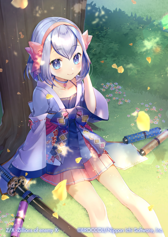 1girl bangs blue_choker blue_dress blue_eyes blue_hair blush bow character_request choker closed_mouth cloth collarbone commentary_request copyright_name day dress eyebrows_visible_through_hair feet_out_of_frame flower grass hair_between_eyes hair_bow hairband katana long_sleeves momoshiki_tsubaki official_art on_grass open_clothes outdoors petals pink_bow pink_hairband pink_skirt pleated_skirt sheath sheathed sitting skirt smile solo sword tree watermark weapon white_flower wide_sleeves z/x