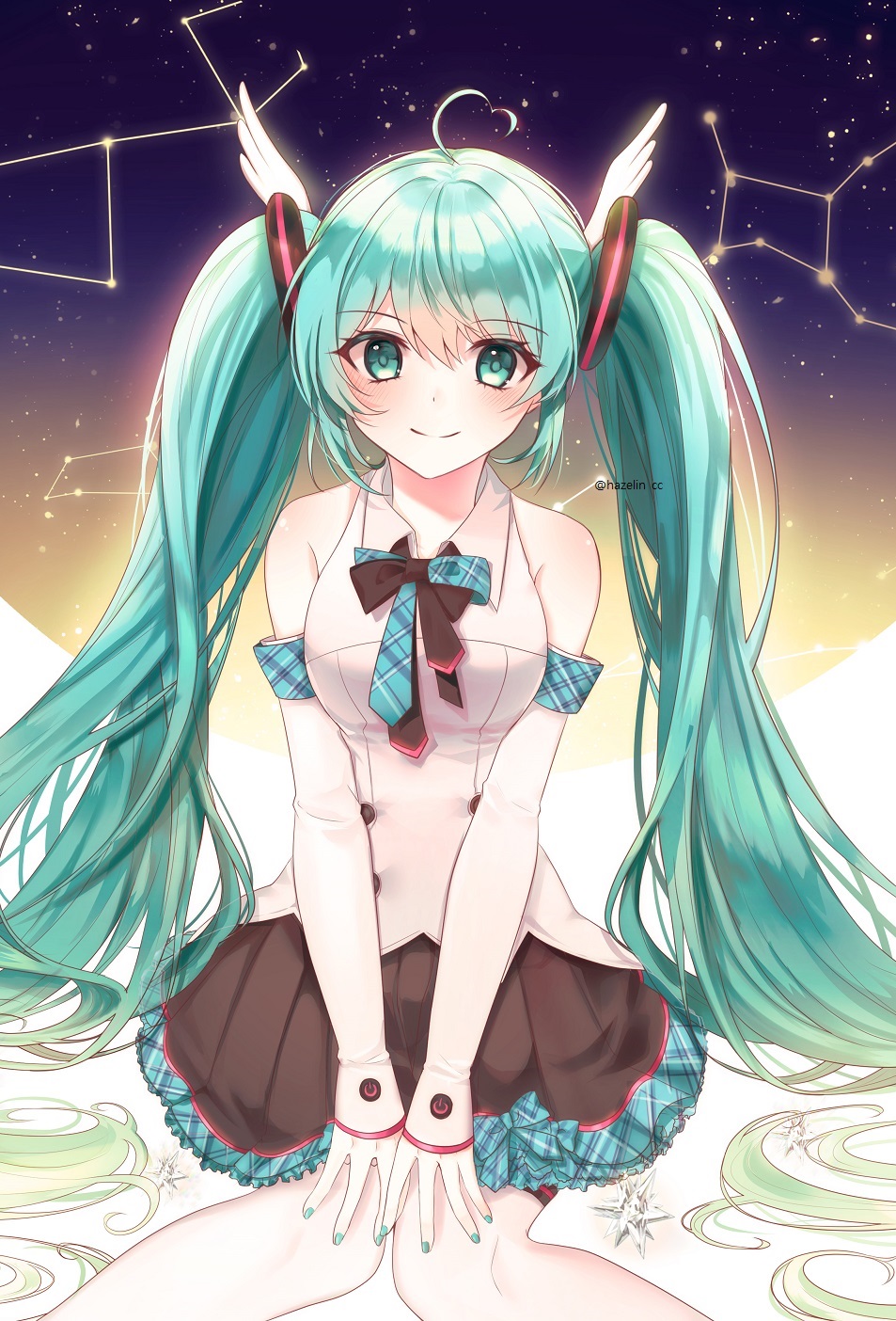 1girl 723/nanahumi ahoge bangs bare_shoulders blush brown_skirt closed_mouth collared_shirt commentary_request constellation detached_sleeves eyebrows_visible_through_hair fingernails frilled_skirt frills green_eyes green_hair green_nails hair_between_eyes hair_ornament hatsune_miku highres knees_together_feet_apart long_hair long_sleeves magical_mirai_(vocaloid) nail_polish plaid shirt skirt sleeveless sleeveless_shirt sleeves_past_wrists smile solo twintails twitter_username very_long_hair vocaloid white_shirt white_sleeves white_wings wings