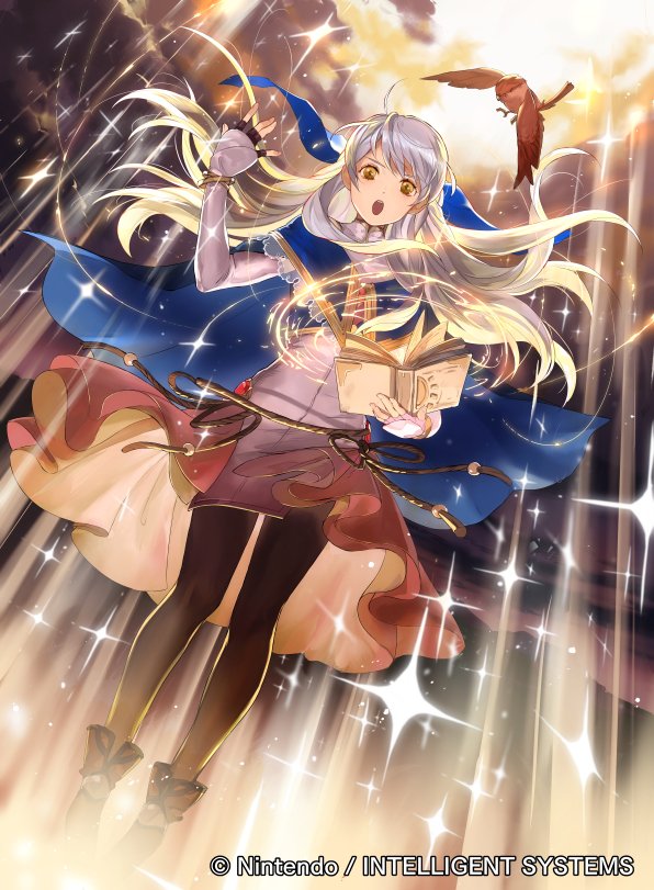 1girl ahoge animal bangs bird book boots brown_hair cape clouds cloudy_sky commentary_request company_connection copyright_name dress fingerless_gloves fire_emblem fire_emblem:_radiant_dawn fire_emblem_cipher gloves hand_up holding holding_book long_hair long_sleeves mayo_(becky2006) micaiah official_art open_book open_mouth outdoors pantyhose shiny shiny_hair silver_hair sky sparkle yune