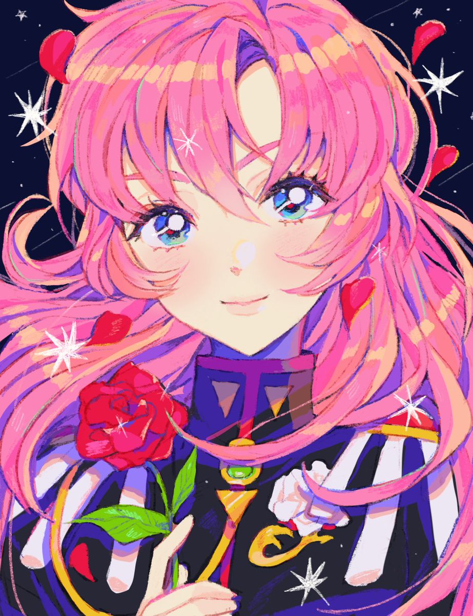 1girl 43_pon bangs blue_eyes closed_mouth epaulettes flower hair_between_eyes highres holding holding_flower leaf long_hair looking_at_viewer petals pink_hair red_flower red_rose rose shoujo_kakumei_utena smile solo tenjou_utena upper_body