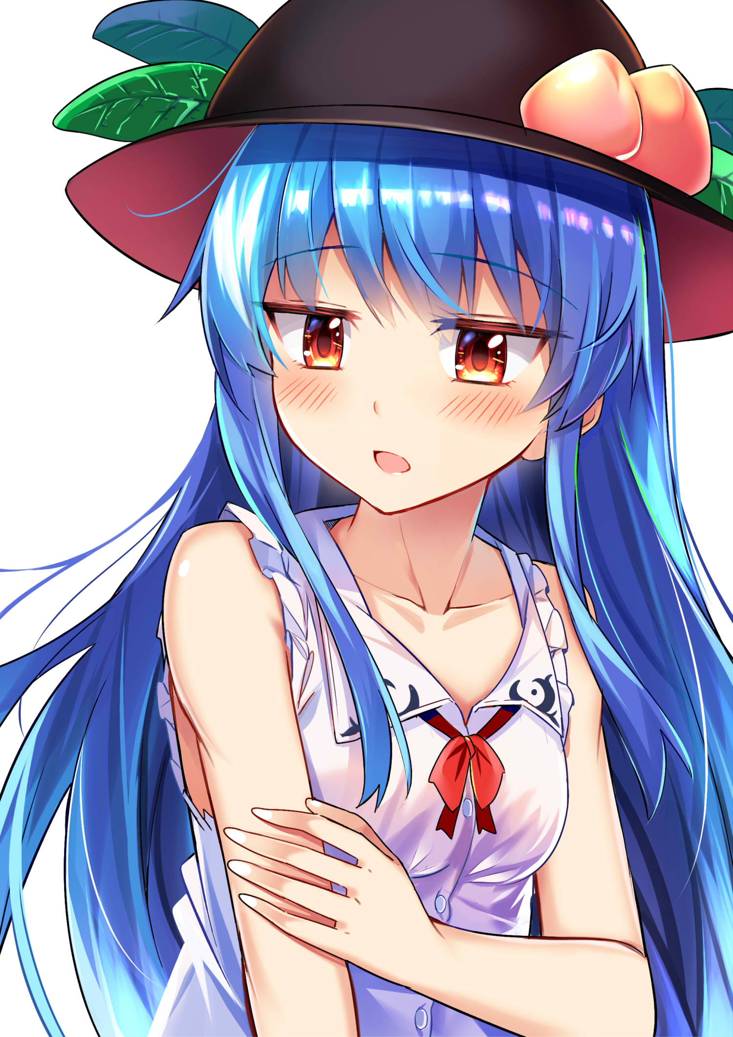 1girl adapted_costume arm_grab bangs bare_arms bare_shoulders black_headwear blue_hair blush breasts collarbone commentary_request e.o. eyebrows_visible_through_hair food frilled_shirt_collar frills fruit highres hinanawi_tenshi leaf long_hair neck_ribbon open_mouth peach red_eyes red_neckwear red_ribbon ribbon shirt simple_background sleeveless sleeveless_shirt small_breasts solo touhou upper_body white_background white_shirt