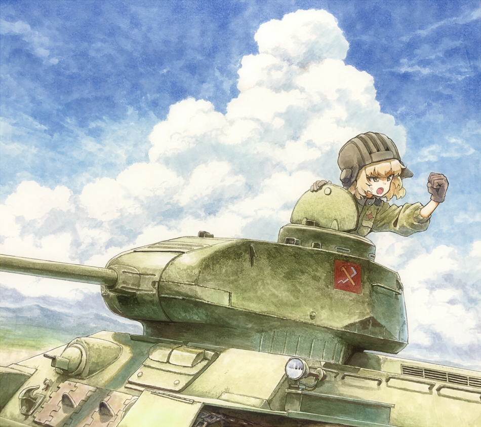 1girl black_gloves blonde_hair blue_sky clouds cloudy_sky emblem girls_und_panzer gloves green_jumpsuit ground_vehicle hand_up headwear helmet jumpsuit katyusha long_sleeves looking_to_the_side military military_vehicle motor_vehicle open_mouth pravda_(emblem) pravda_military_uniform scowl shiratama_(hockey) short_hair sky solo sweatdrop t-34 tank tongue yellow_eyes