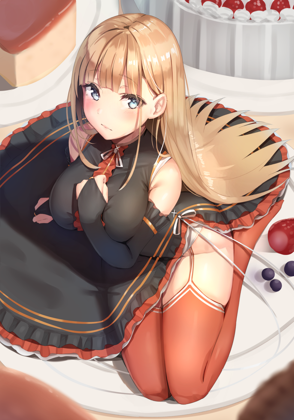 1girl arm_support bangs black_dress black_gloves blonde_hair blue_eyes blush breasts bridal_gauntlets cake closed_mouth dress eyebrows_visible_through_hair food fruit garter_straps gloves highres large_breasts long_hair looking_at_viewer on_floor orange_legwear original reinama sidelocks sitting sleeveless sleeveless_dress solo strawberry thigh-highs very_long_hair yokozuwari