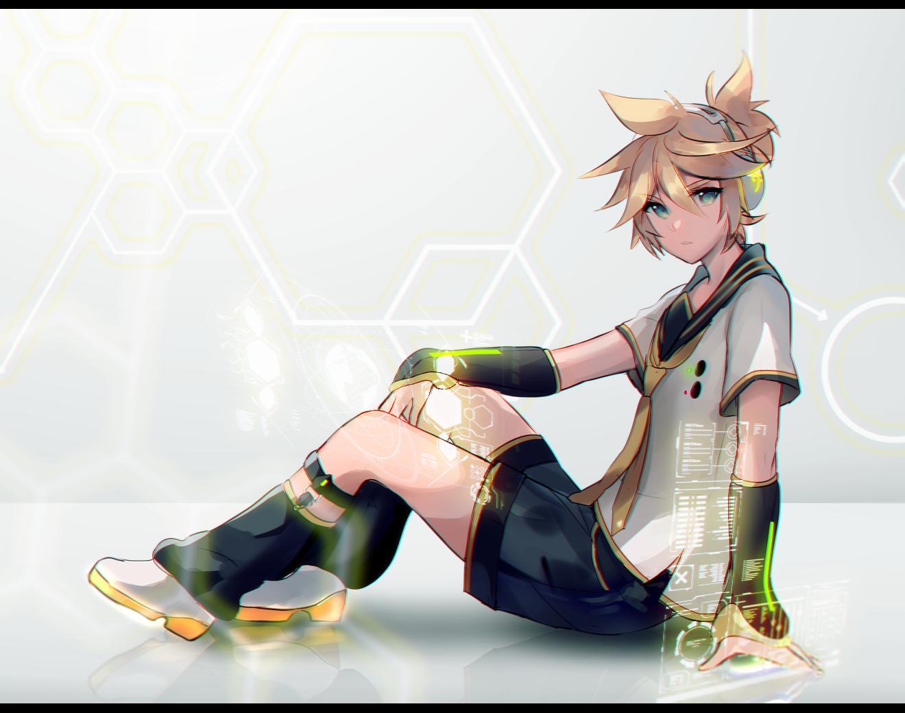 1boy arm_warmers bass_clef belt black_collar black_legwear blonde_hair blue_eyes collar commentary ei_flow english_commentary expressionless full_body hand_on_own_knee headphones hexagon holographic_interface kagamine_len kagamine_len_(vocaloid4) leg_warmers looking_at_viewer male_focus necktie parted_lips sailor_collar school_uniform shirt shoes short_hair short_ponytail short_sleeves shorts sitting solo spiky_hair vocaloid white_shirt yellow_neckwear