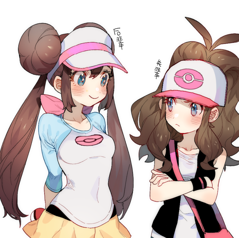 2girls arms_behind_back bag blue_eyes blush brown_hair chinese collarbone crossed_arms double_bun hair_bun hat holding holding_poke_ball looking_at_another mei_(pokemon) multiple_girls poke_ball poke_ball_(generic) pokemon pokemon_(game) pokemon_bw pokemon_bw2 pokemon_masters ponytail pout smile touko_(pokemon) translation_request twintails upper_body vest visor_cap wristband zuizi