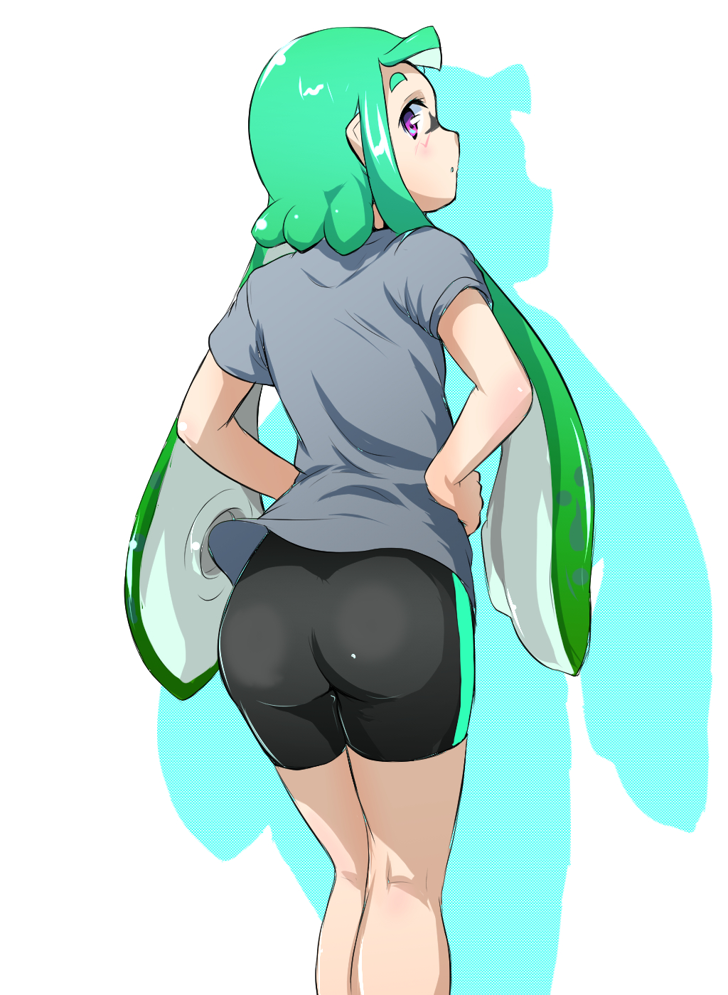 1girl :o ass bangs bike_shorts black_shorts blunt_bangs commentary domino_mask from_behind green_hair grey_shirt hand_on_hip highres inkling kneepits light_blush long_hair looking_at_viewer looking_back mask parted_lips pointy_ears shirt short_sleeves shorts silhouette simple_background single_vertical_stripe solo splatoon_(series) standing t-shirt tentacle_hair toraneko555 violet_eyes white_background