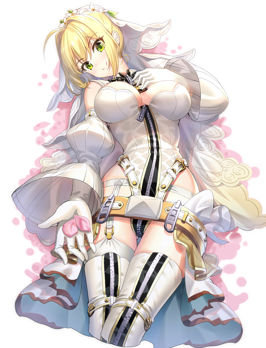 1girl ahoge bangs belt belt_buckle blonde_hair breasts brown_belt buckle chain closed_mouth commentary_request cropped_legs detached_sleeves eyebrows_visible_through_hair fate/extra fate/extra_ccc fate_(series) flower full-length_zipper garter_belt gloves green_eyes hair_between_eyes hair_flower hair_intakes hair_ornament head_tilt highleg highleg_leotard highres juliet_sleeves large_breasts leotard long_sleeves nero_claudius_(bride)_(fate) nero_claudius_(fate)_(all) paddle petals puffy_sleeves ririko_(zhuoyandesailaer) sidelocks smile solo thigh-highs veil white_background white_flower white_gloves white_legwear white_leotard zipper