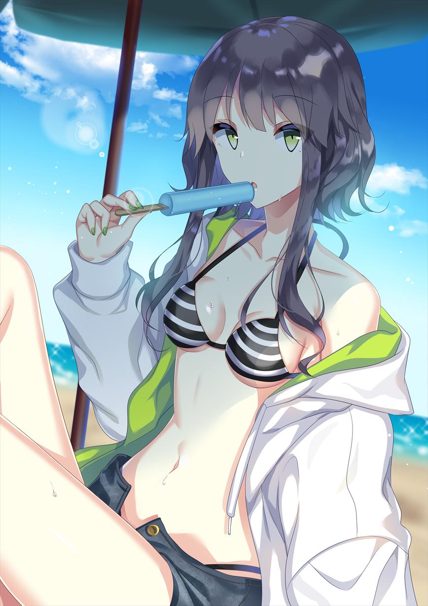1girl :o bare_shoulders beach_umbrella bikini black_bikini black_hair black_shorts blue_sky breasts breasts_apart clouds collarbone commentary_request day food green_eyes green_nails halterneck hand_up hayakawa_(hayakawa_illust) highres holding holding_food jacket lens_flare long_hair long_sleeves looking_at_viewer navel off_shoulder open_clothes open_fly open_jacket original outdoors parted_lips popsicle short_shorts shorts sitting sky small_breasts solo stomach striped striped_bikini swimsuit thighs umbrella wet white_jacket