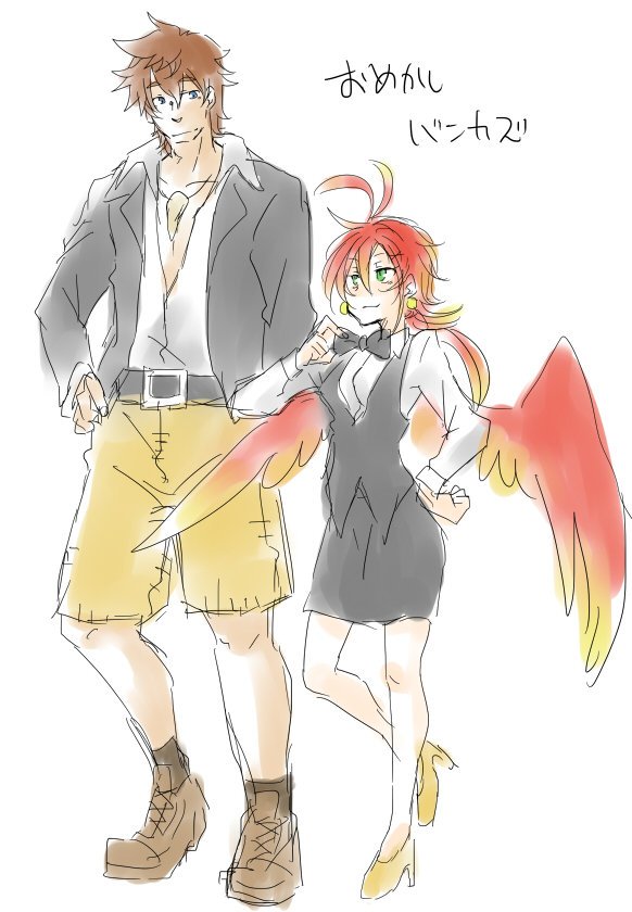 1boy 1girl adjusting_bow ahoge artist_request bangs banjo-kazooie banjo-kazooie:_nuts_and_bolts banjo_(banjo-kazooie) banjo_to_kazooie_no_daibouken belt bird_wings bow bowtie brown_hair collarbone collared_shirt earrings formal gijinka green_eyes grey_eyes high_heels jewelry kazooie_(banjo-kazooie) messy_hair microsoft multicolored_hair necklace nintendo pants personification rareware redhead shirt simple_background sketch smile super_smash_bros. translated two-tone_hair white_background wings