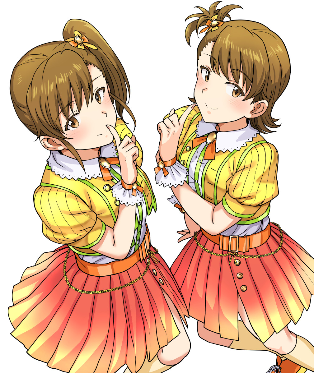 2girls bangs brown_eyes brown_hair closed_mouth dress_shirt eyebrows_visible_through_hair finger_to_mouth futami_ami futami_mami gradient_skirt highres idolmaster idolmaster_(classic) index_finger_raised kneehighs long_hair looking_at_viewer miniskirt multicolored multicolored_clothes multicolored_skirt multiple_girls neck_ribbon one_side_up orange_footwear orange_ribbon pleated_skirt red_skirt ribbon shiny shiny_hair shirt short_hair short_sleeves siblings side_ponytail simple_background sisters skirt smile standing tsurui white_background wrist_cuffs yellow_legwear yellow_shirt yellow_skirt