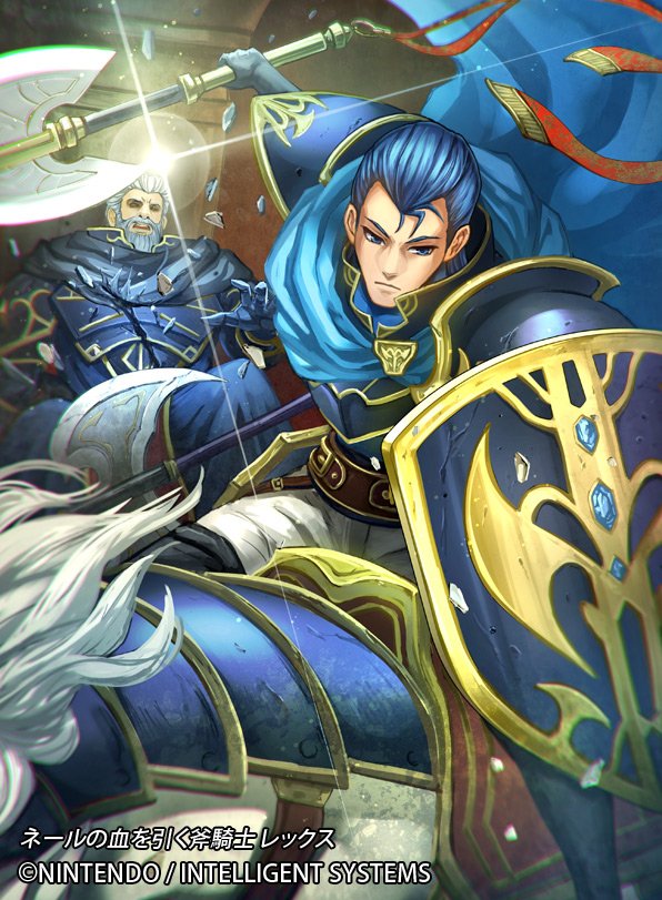 1boy armor axe beard belt blue_eyes blue_hair cape faceless faceless_male facial_hair fire_emblem fire_emblem:_seisen_no_keifu fire_emblem_cipher gloves horse horseback_riding lex_(fire_emblem) male_focus nekobayashi official_art open_mouth riding rock shield solo teeth