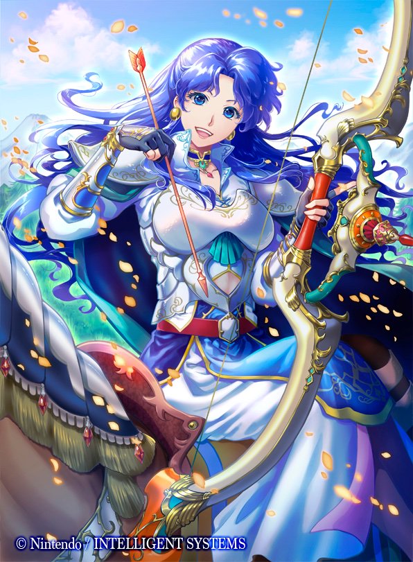 1girl armor arrow blue_eyes blue_hair bow_(weapon) clouds cloudy_sky commentary_request day earrings fire_emblem fire_emblem_cipher holding holding_bow_(weapon) holding_weapon jewelry kazura_enji looking_at_viewer official_art open_mouth outdoors petals sky smile solo weapon