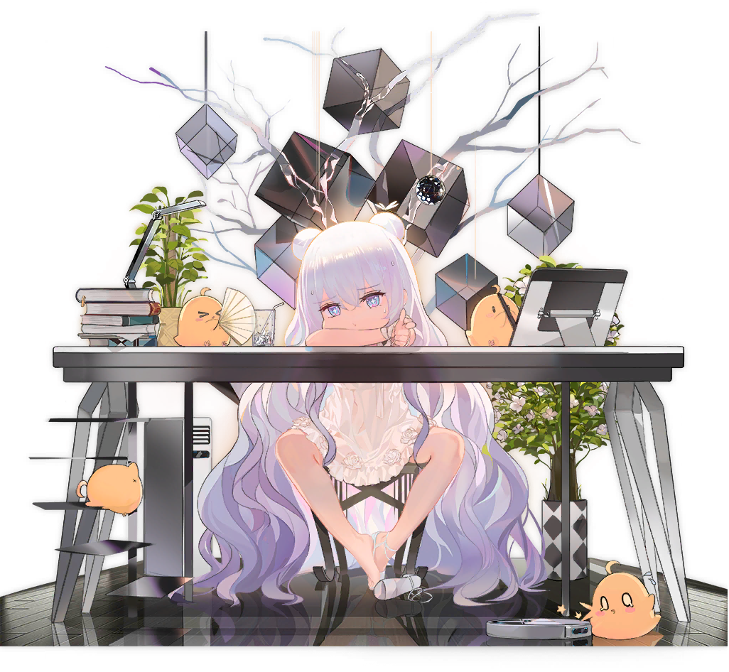+_+ 1girl alternate_costume azur_lane bangs blue_eyes blush bow chair computer_tower cup double_bun dress drinking_straw eyebrows_visible_through_hair gradient_hair hair_between_eyes hair_bow head_on_arm high_heels kinven le_malin_(azur_lane) long_hair multicolored_hair official_art plant pointing pointing_at_viewer potted_plant pout purple_hair shoes sidelocks single_shoe sitting sweat table transparent_background very_long_hair white_dress white_footwear white_hair