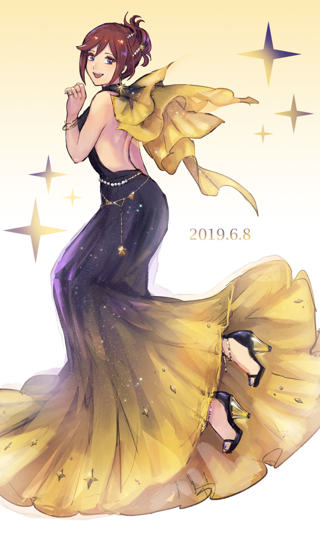 1girl 2019 :d anklet backless_dress backless_outfit black_dress black_footwear bracelet brown_eyes brown_hair dated dress earrings evening_gown from_side full_body gradient_dress hair_between_eyes hair_ornament high_heels highres jewelry kaname_buccaneer looking_at_viewer macross macross_delta open_mouth pumps shimatani_azu short_hair sleeveless sleeveless_dress smile solo tied_hair two-tone_dress white_background yellow_dress