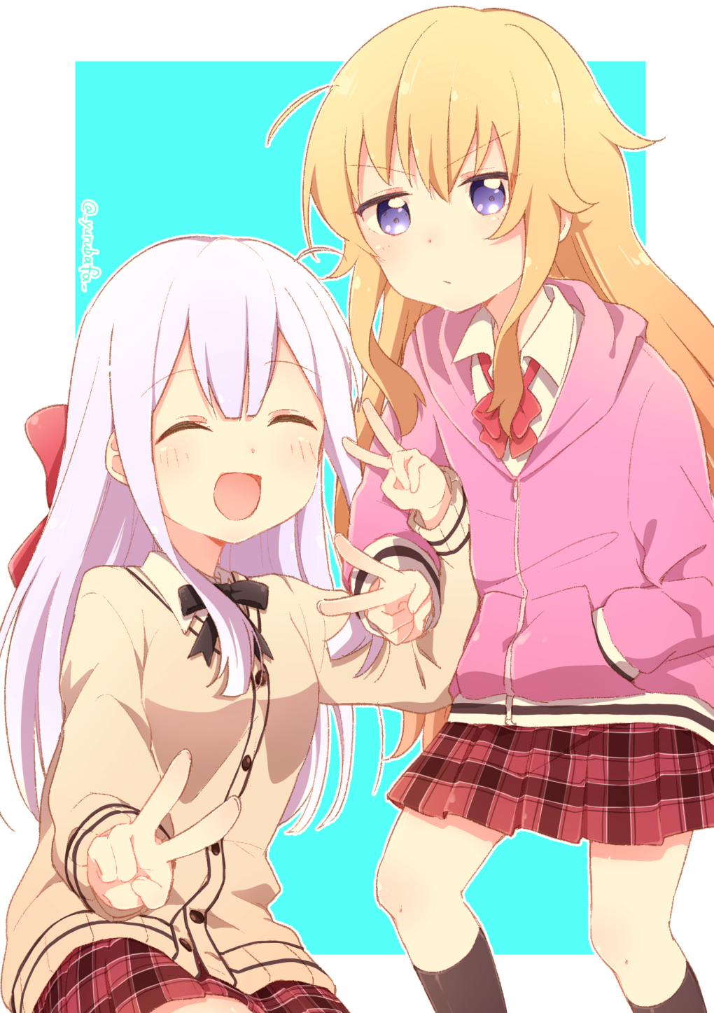 2girls ^_^ bafarin bangs black_legwear black_neckwear blonde_hair blue_eyes blush bow breasts cardigan closed_eyes collared_shirt double_v eyebrows_visible_through_hair gabriel_dropout hair_between_eyes hair_ornament highres hood hood_down hoodie jacket kneehighs long_hair long_sleeves looking_at_viewer messy_hair multiple_girls open_mouth pink_hoodie plaid plaid_skirt pleated_skirt red_neckwear school_uniform shiraha_raphiel_ainsworth shirt simple_background skirt smile tenma_gabriel_white twitter_username v v-shaped_eyebrows very_long_hair white_shirt