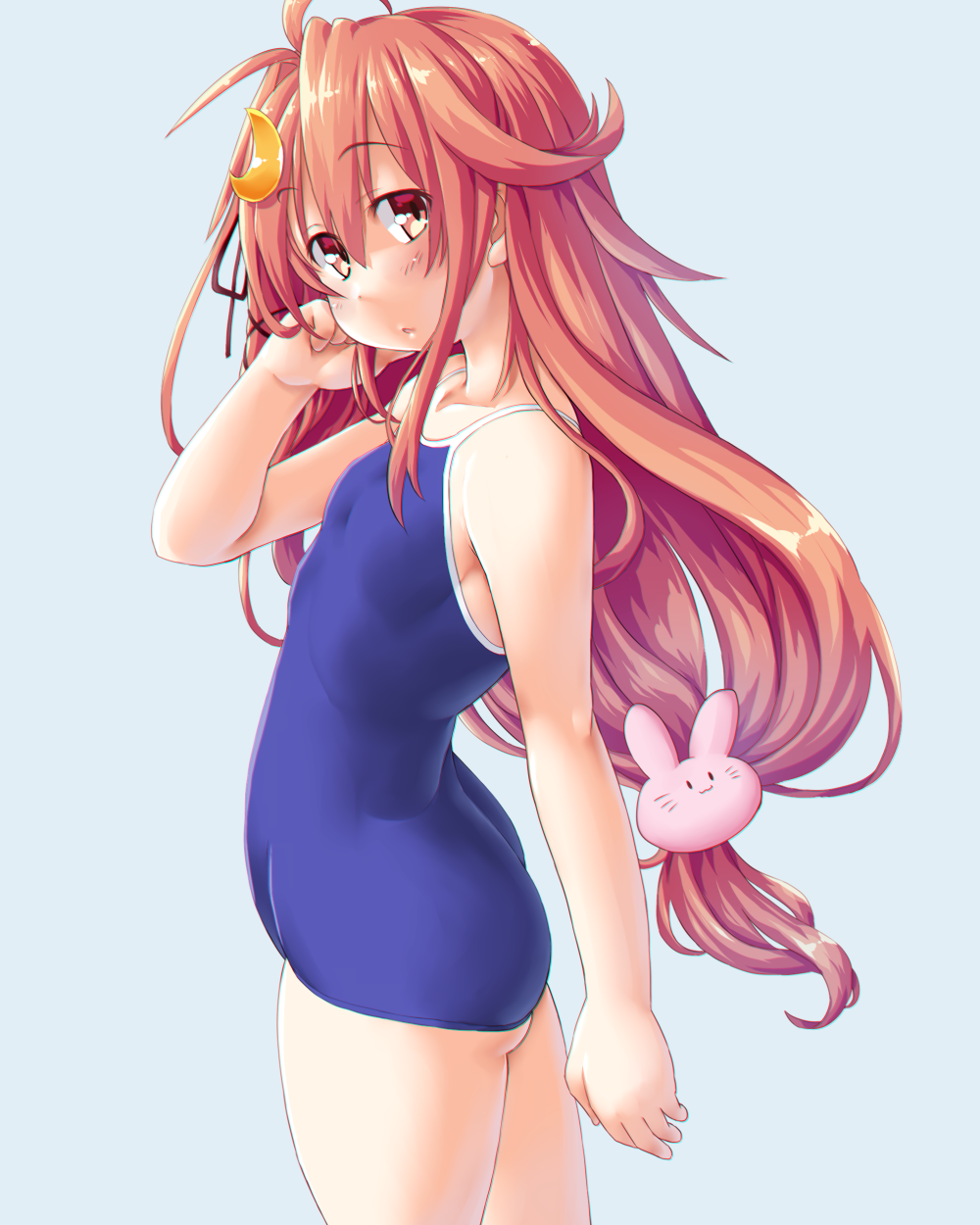 1girl blue_background blue_swimsuit bunny_hair_ornament collarbone cowboy_shot crescent crescent_hair_ornament dd_(ijigendd) eyebrows_visible_through_hair hair_between_eyes hair_ornament highres kantai_collection long_hair looking_at_viewer one-piece_swimsuit pink_eyes pink_hair simple_background solo swimsuit uzuki_(kantai_collection)