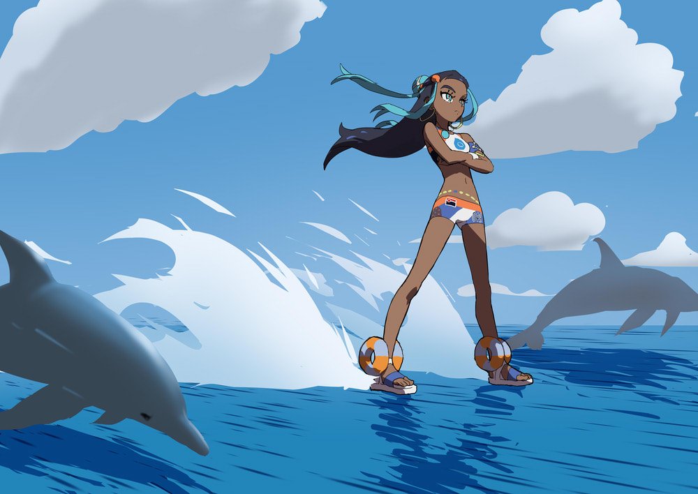 1girl aqua_eyes belly_chain black_hair clouds commentary commentary_request crossed_arms dolphin flip-flops hair_ornament jewelry jumping long_hair midriff nadeara_bukichi on_water pokemon pokemon_(game) pokemon_swsh rooster_tail rurina_(pokemon) sandals short_shorts shorts sketch skimming sky sports_bra spray standing water water_surface