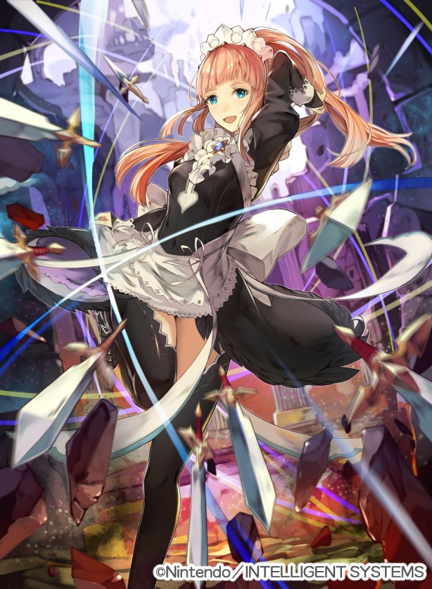 1girl apron arm_up bangs black_dress blue_eyes commentary_request company_connection company_name copyright_name dagger dress feather_trim felicia_(fire_emblem_if) fire_emblem fire_emblem_cipher fire_emblem_if frills gem jewelry knife kurosawa_tetsu leg_up long_hair long_sleeves looking_at_viewer maid maid_dress maid_headdress official_art open_mouth ponytail puffy_sleeves shiny shiny_hair smile solo thigh-highs throwing throwing_knife weapon zettai_ryouiki