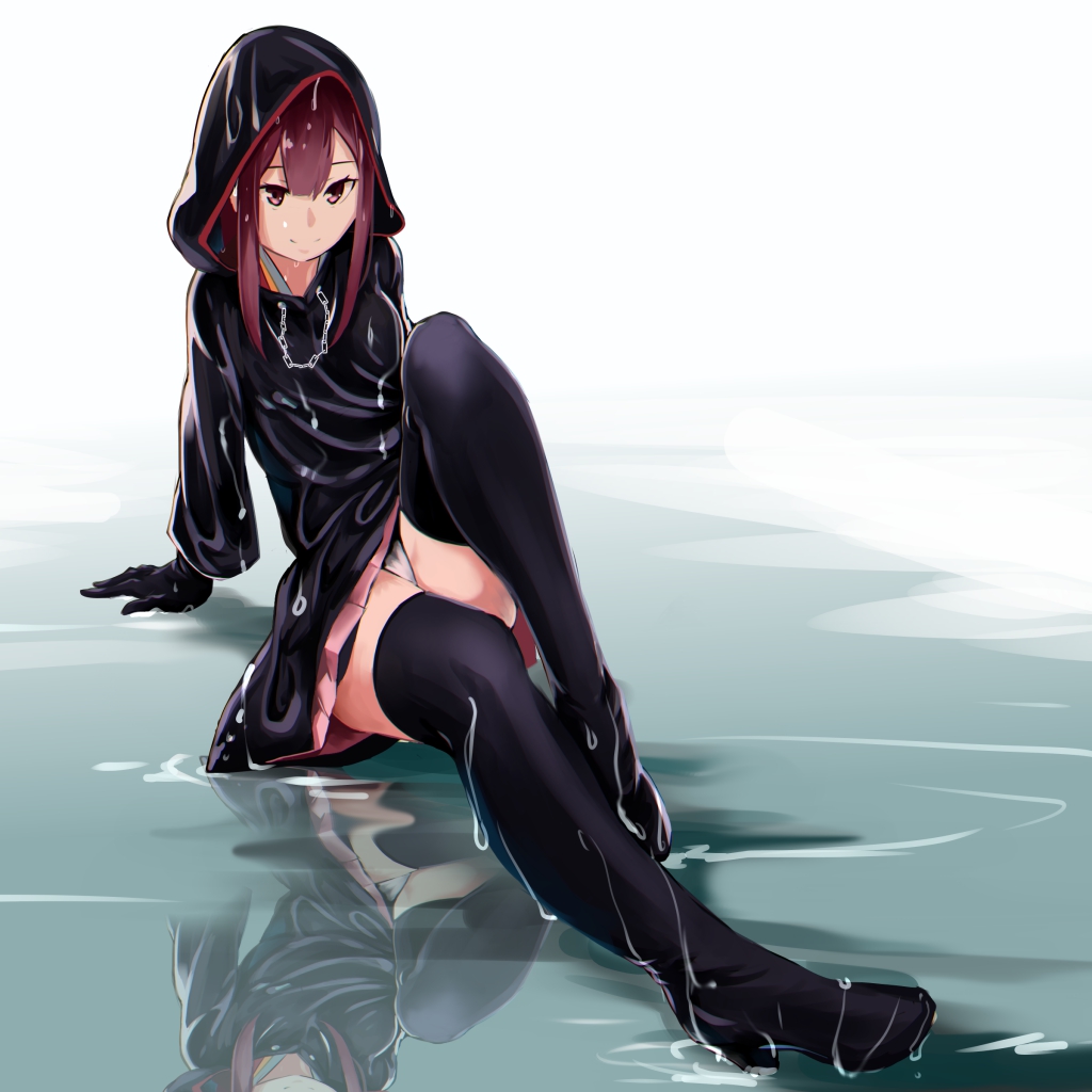 1girl black_gloves black_legwear boots coat gloves japanese_clothes kamikaze_(kantai_collection) kantai_collection latex latex_gloves latex_legwear long_hair panties rain raincoat redhead sitting skirt smile thigh-highs thigh_boots thighs underwear vi3r6ein