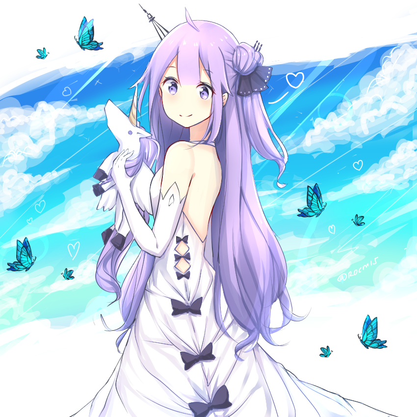 1girl ahoge animal azur_lane bare_shoulders black_bow black_ribbon blue_sky blush bow breasts bug butterfly closed_mouth clouds cloudy_sky commentary day dress elbow_gloves gloves hair_bun hair_ribbon heart insect long_hair one_side_up purple_hair ribbon rocm_(nkkf3785) side_bun sky sleeveless sleeveless_dress small_breasts smile solo stuffed_alicorn stuffed_animal stuffed_toy twitter_username unicorn_(azur_lane) very_long_hair violet_eyes white_dress white_gloves
