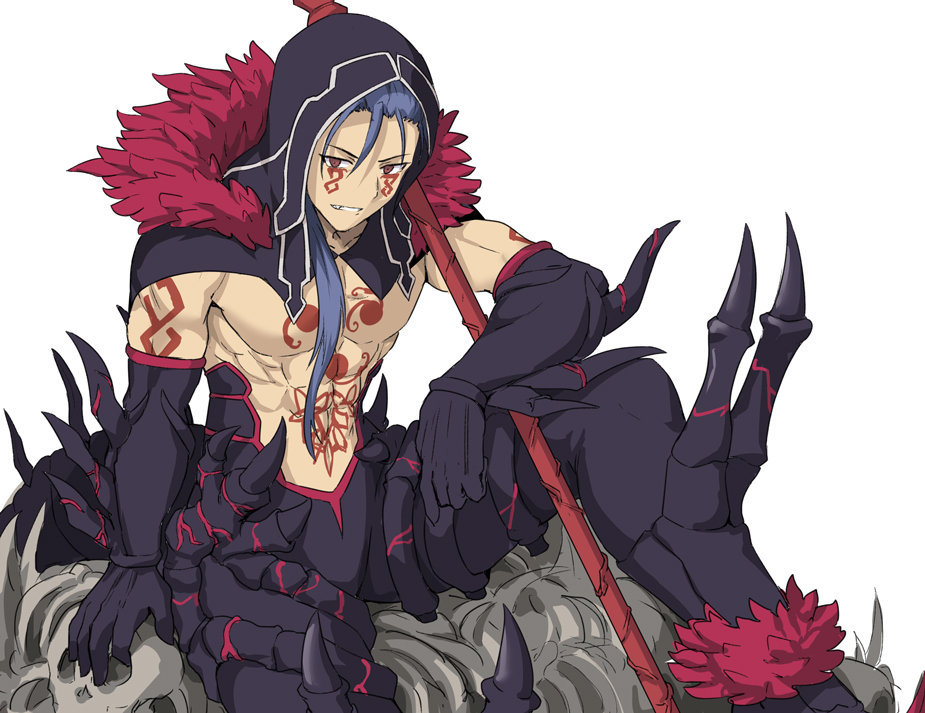 1boy arm_tattoo armor black_gloves blue_hair character_request chest_tattoo collarbone commentary_request cu_chulainn_alter_(fate/grand_order) facial_mark fate/grand_order fate_(series) fur_trim gloves grin hair_between_eyes hood hood_up lancer looking_at_viewer male_focus muscle red_eyes shiseki_hirame simple_background sitting skull smile solo tattoo weapon white_background