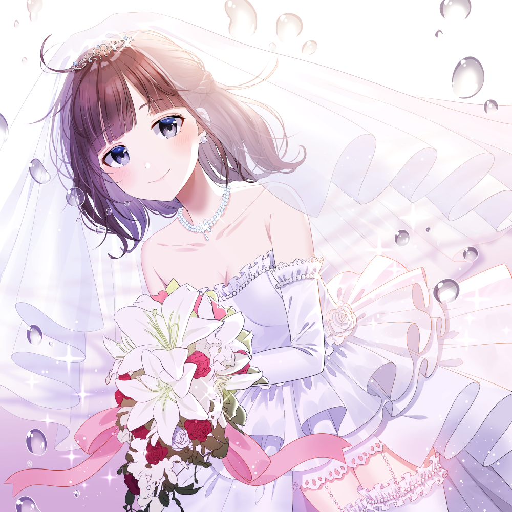 1girl album_cover bangs bare_shoulders bouquet breasts bridal_veil brown_hair closed_mouth commentary_request cover detached_sleeves dress eyebrows_visible_through_hair flower frilled_legwear grey_eyes holding holding_bouquet jewelry long_sleeves myusha necklace nijisanji pearl_necklace red_flower red_rose rose see-through small_breasts smile solo strapless strapless_dress suzuka_utako thigh-highs tiara veil virtual_youtuber water_drop wedding_dress white_dress white_flower white_legwear white_rose white_sleeves